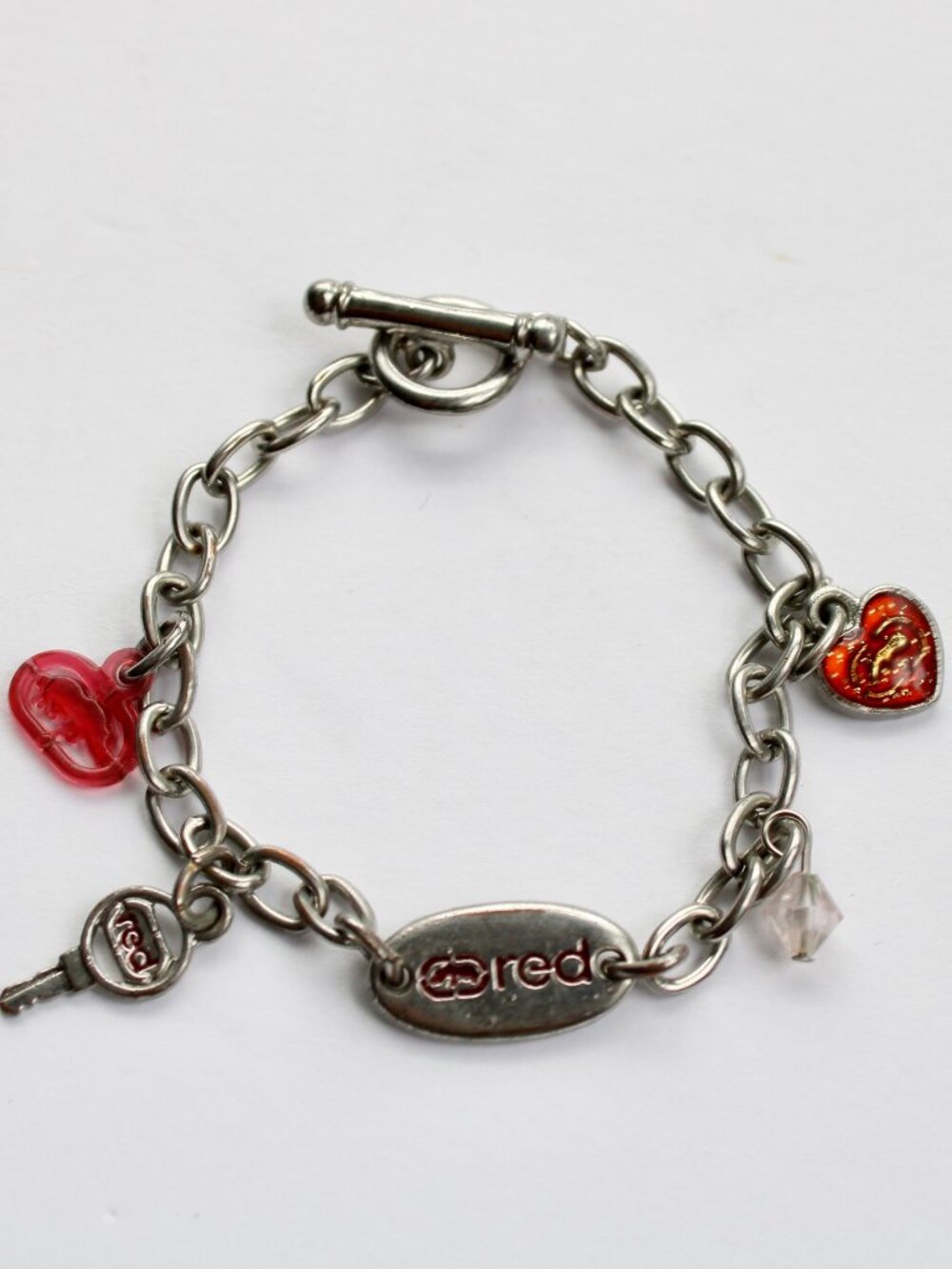 Vintage Y2K 2000's Echo Red Silver Tone Chain Rhino Charm Toggle Bracelet